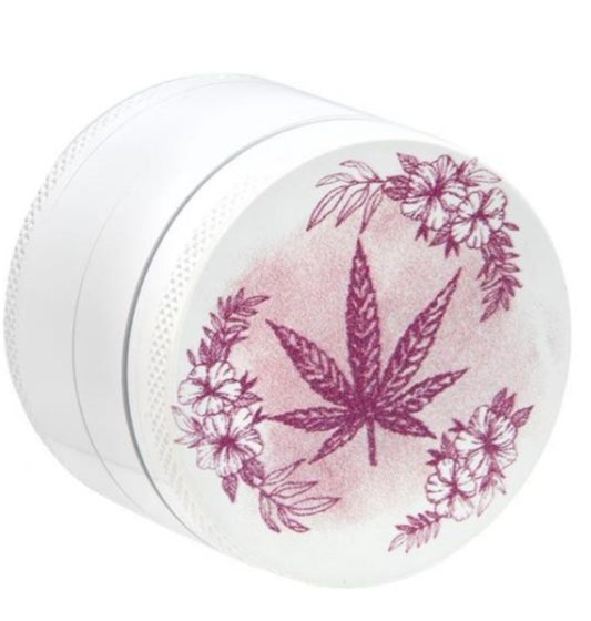 Eleganter Weißer Grinder mit Blüten- und Cannabisblatt-Design – 4-teilig